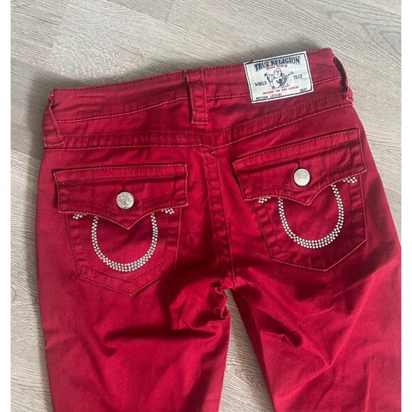 True Religion Swarovski Crystals Logo Leggings Red Skinny Jeans Size 26 - Picture 5 of 11